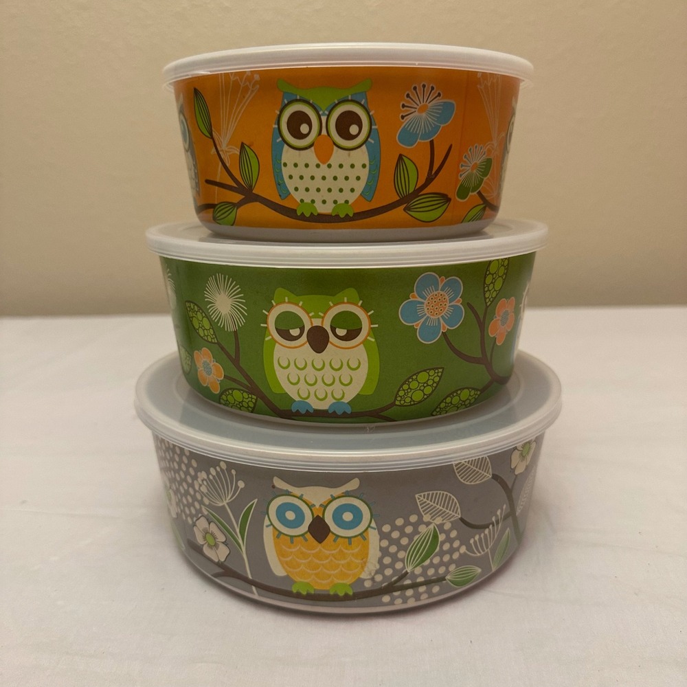 Nesting Owl Melamine Storage Bowls with Lids Set of 3 Multicolor Floral Design